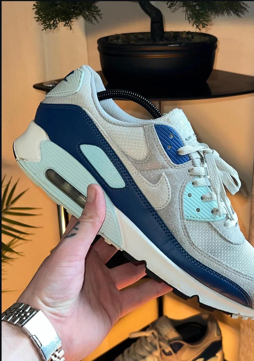 Nike Air Max 90 in white, navy and mint after cleaning, held in front of a bonsai on the shelf
